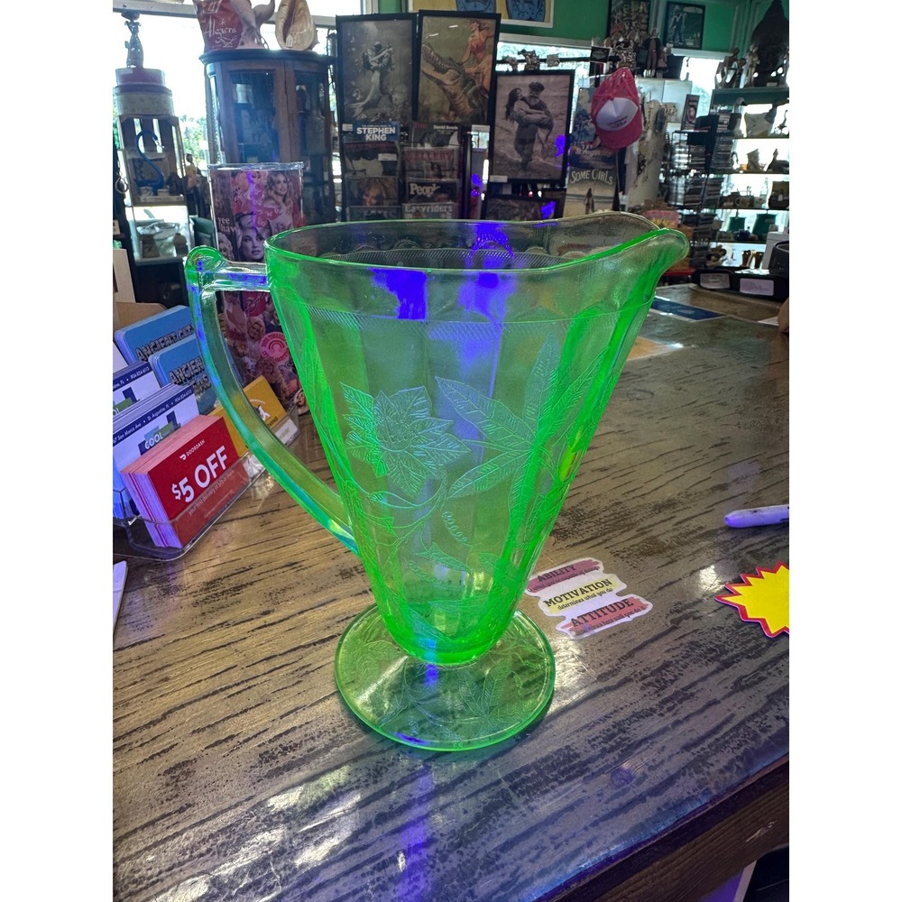 Uranium Jeanette Poinsettia Green Depression Uranium Glass  Pitcher
